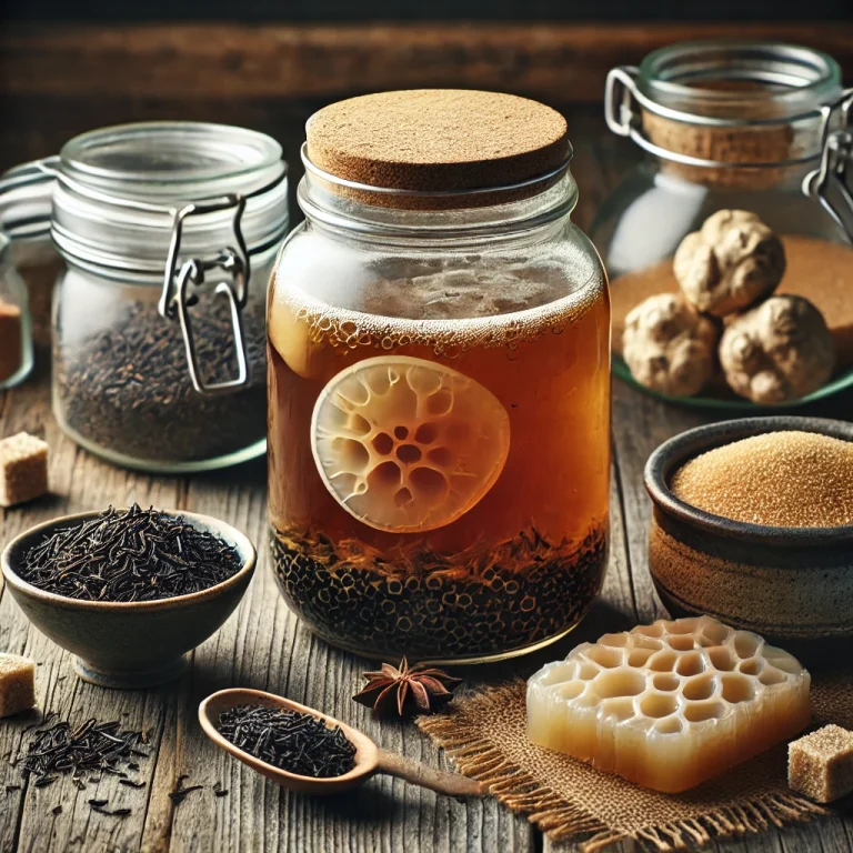 Kombucha alap összetevők: SCOBY, fekete tea, cukor és fermentáló üveg egy fa felületen