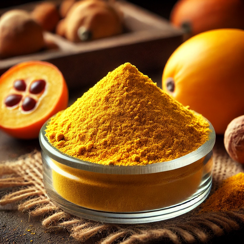 A képen lucuma por látható, gazdag sárga színben, egy kis üvegben elhelyezve, körülötte friss lucuma gyümölcsök a természetes forrást hangsúlyozva.