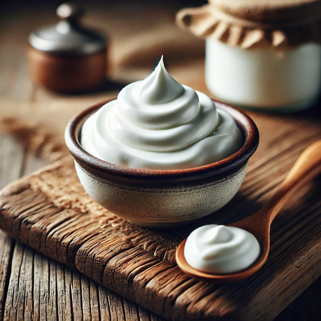 A képen egy sűrű, sima állagú mascarpone krémsajt látható egy kis tálban, rusztikus felületen, kanállal.