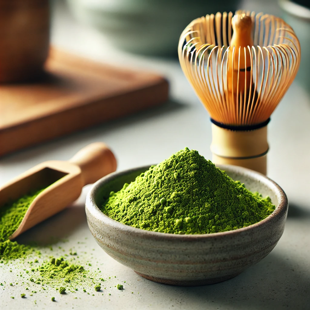 A képen élénkzöld, finomra őrölt matcha por látható egy kerámia tálban, mellette bambusz matcha habverő és kanál, letisztult japán stílusú környezetben.
