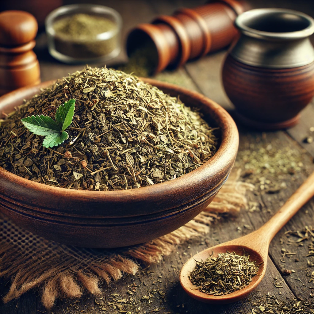A képen maté (yerba maté) szálas, szárított levelei láthatók tálban és szórtan, rusztikus konyhai háttérrel, fakanállal.