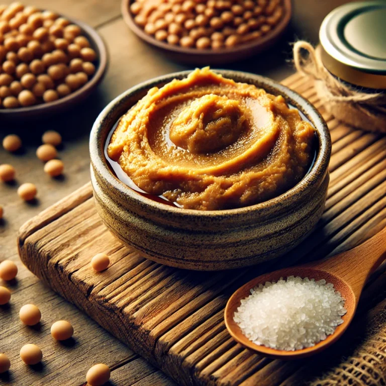 Miso paszta kerámiatálban, körülötte főtt szójabab, rizskoji és tengeri só