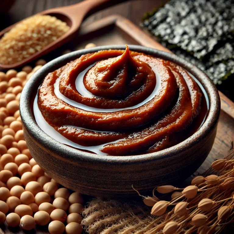 Miso paszta kis üvegben, gazdag barna színben, körülötte szója babok, szárított algák és rizs