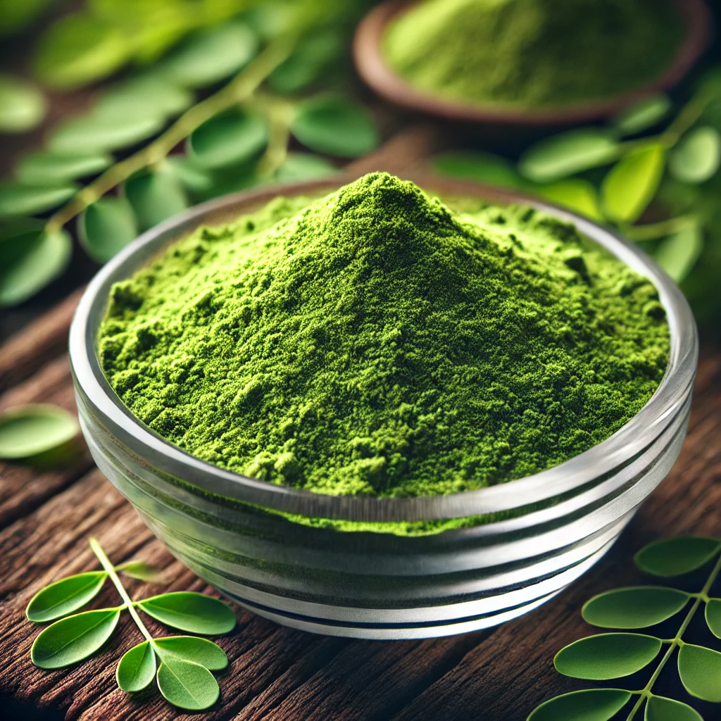 A képen moringa por látható, gazdag zöld színben, egy kis üvegben elhelyezve, körülötte friss moringa levelek a természetes forrást hangsúlyozva.