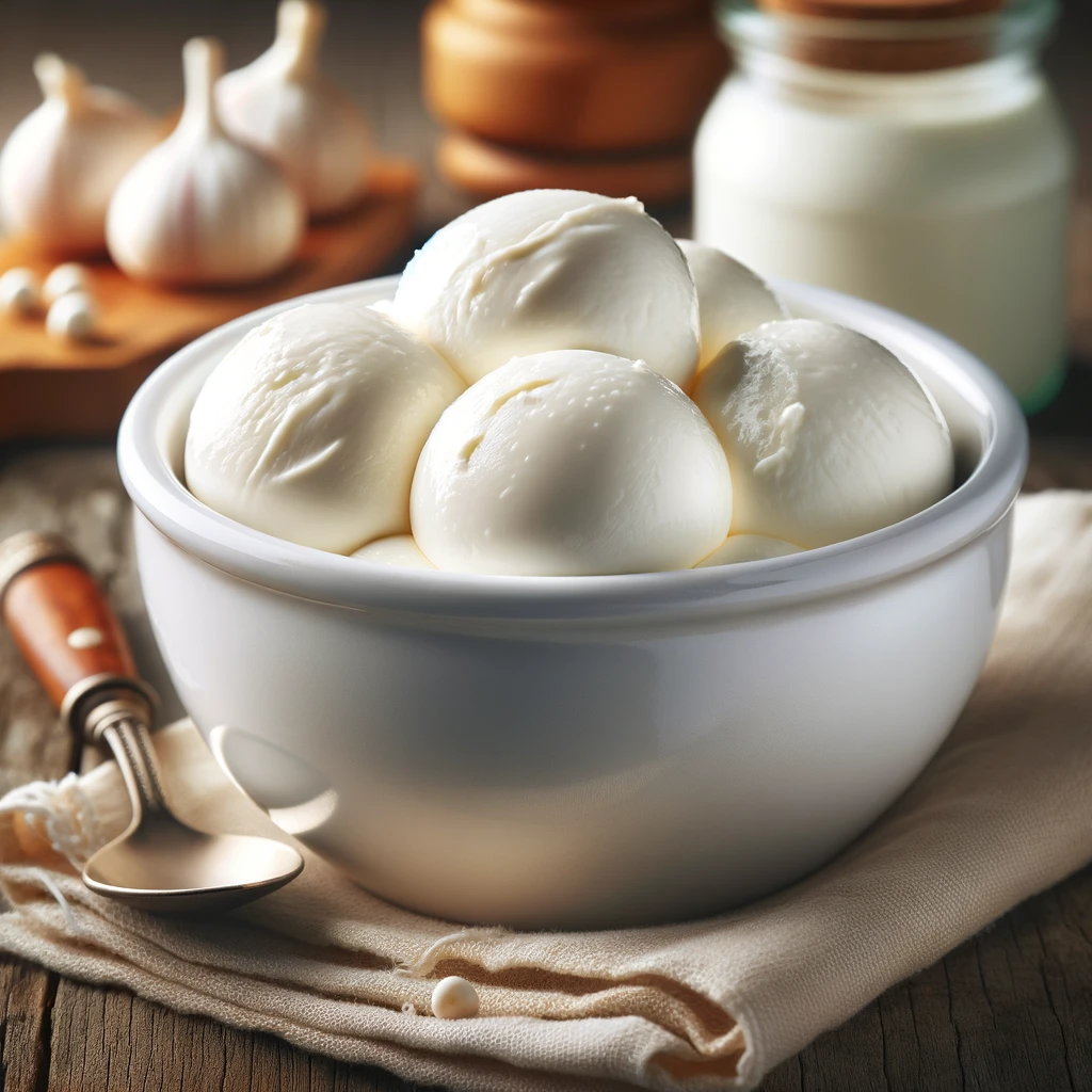 Friss, lágy, krémes bivaly mozzarella sajt fehér kerámia tálban, rusztikus fa asztalon.