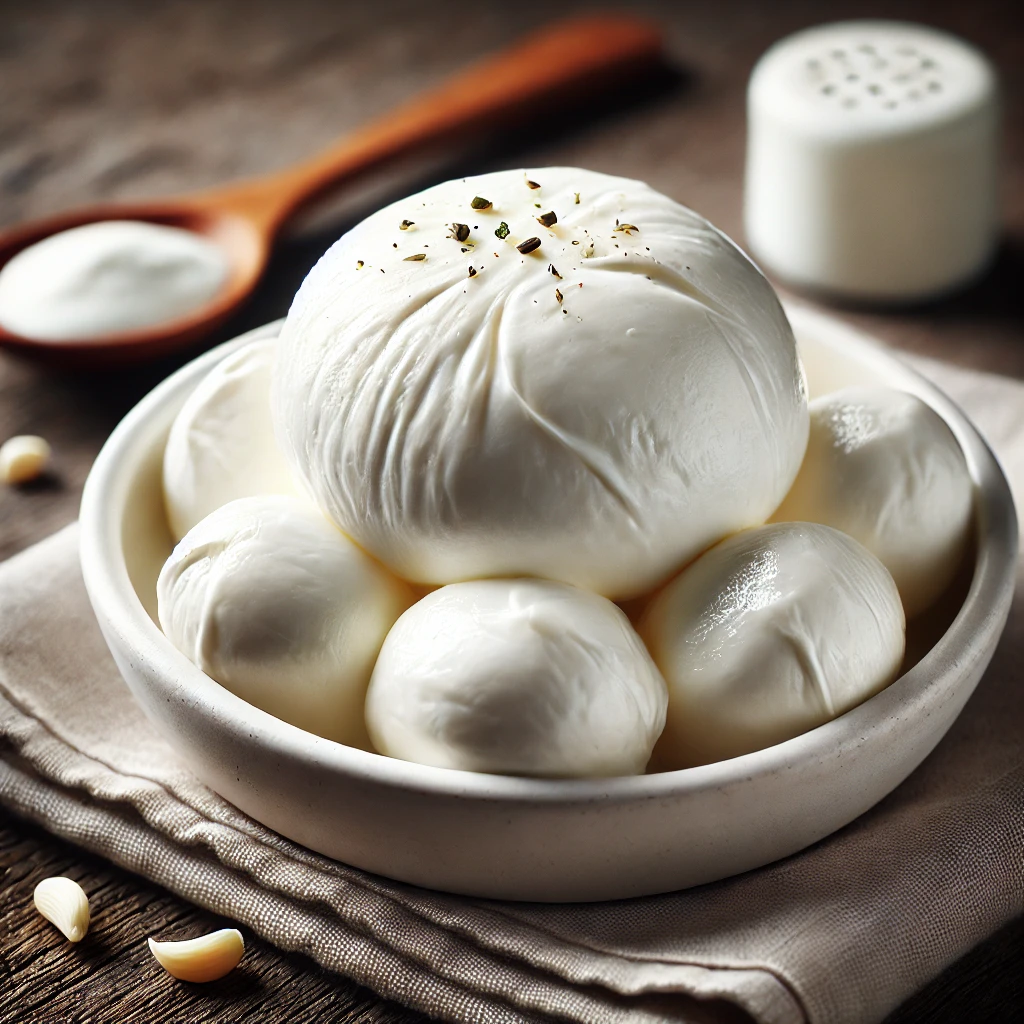 Friss, lágy, krémes mozzarella sajt tehéntejből egy fehér kerámia tálban, rusztikus fa asztalon.
