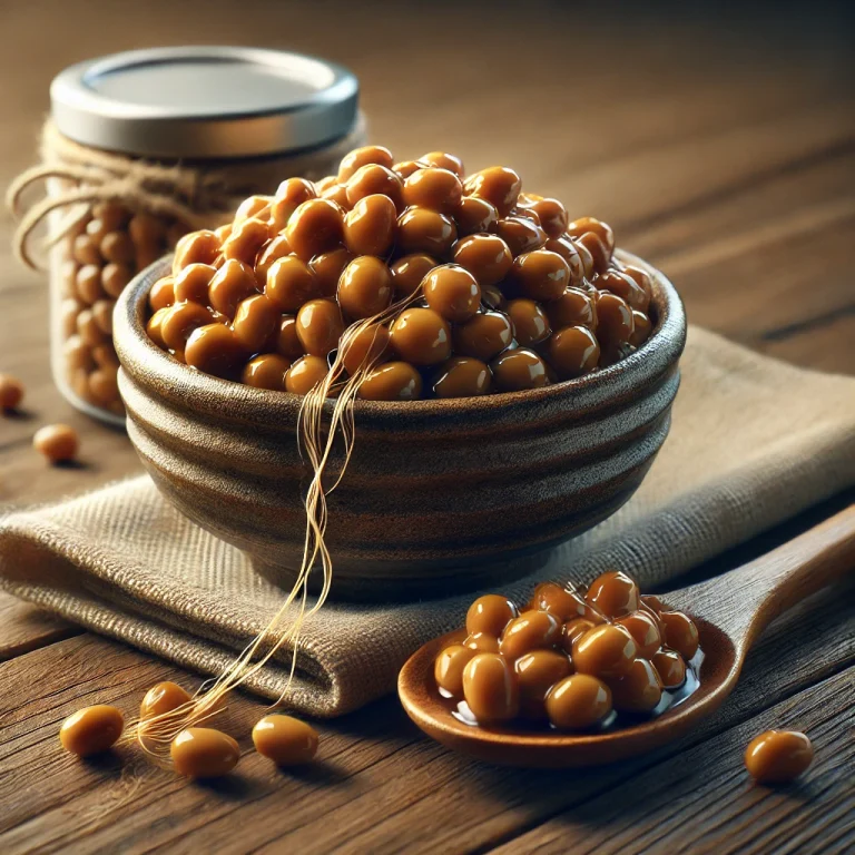 Natto fermentált szójabab tálban, ragacsos textúrával, fakanállal