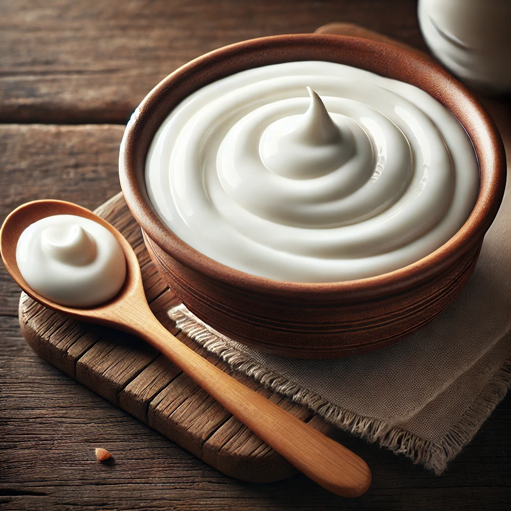 A képen fehér, sima állagú natúr joghurt látható egy kerámiatálban, mellette fakanállal, rusztikus felületen. Nincs gyümölcs, cukor vagy adalék.