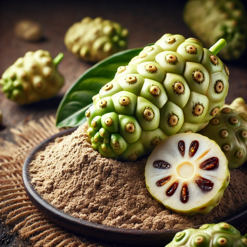A képen noni gyümölcs és noni por látható, a gyümölcsön a bumpy texture és a por világos bézs színben.