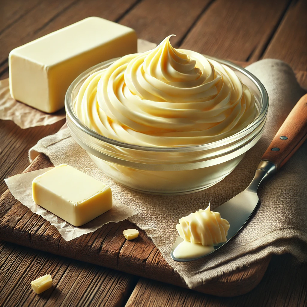 Fotórealisztikus kép növényi margarinról: üvegtálban, fa felületen elkenve, krémes, sárgás színű állagban, természetes konyhai háttérrel.