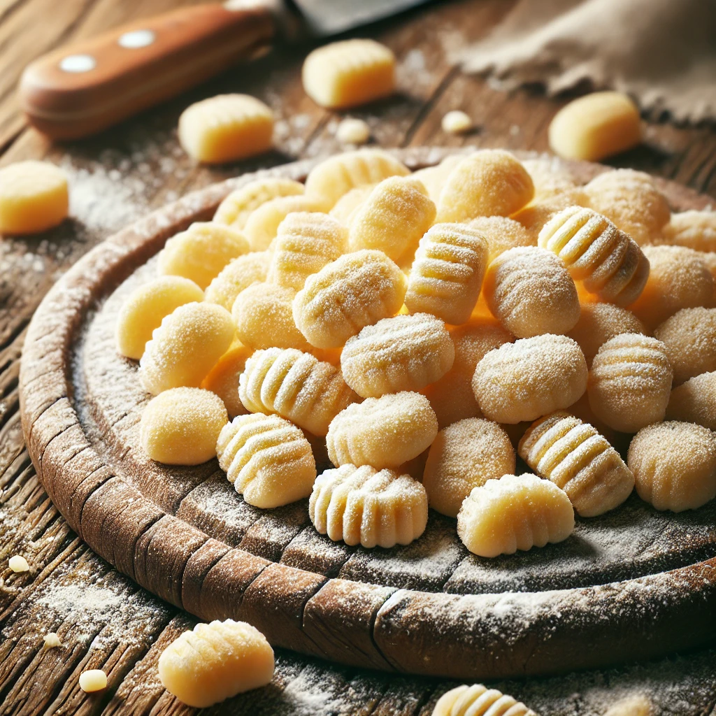 A képen nyers gnocchi tésztadarabok láthatók rusztikus fa felületen, enyhén lisztezve, természetes fényviszonyok között.