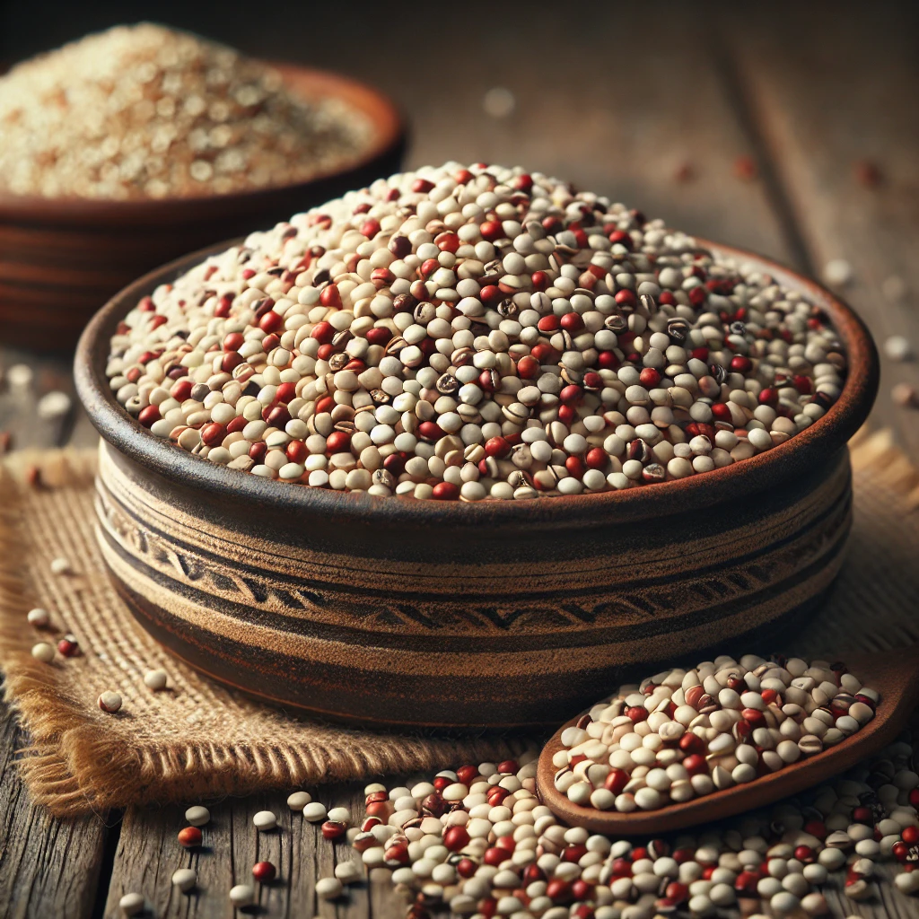 A képen nyers quinoa keverék látható – fehér, vörös és fekete szemekkel – egy rusztikus tálban, elszórva a fa felületen természetes fényben.