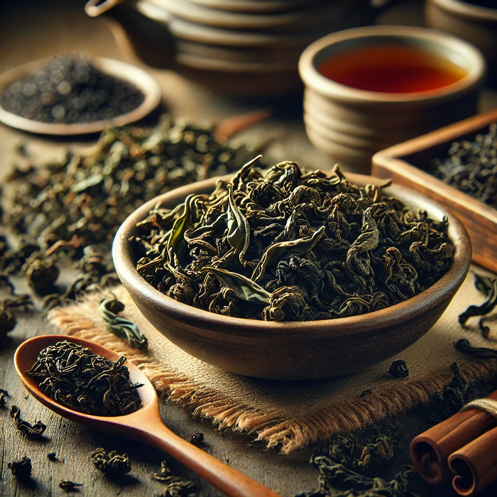 A képen oolong tea szálas, félig oxidált tealevelei láthatók tálban és szórtan, rusztikus konyhai környezetben, fakanállal.