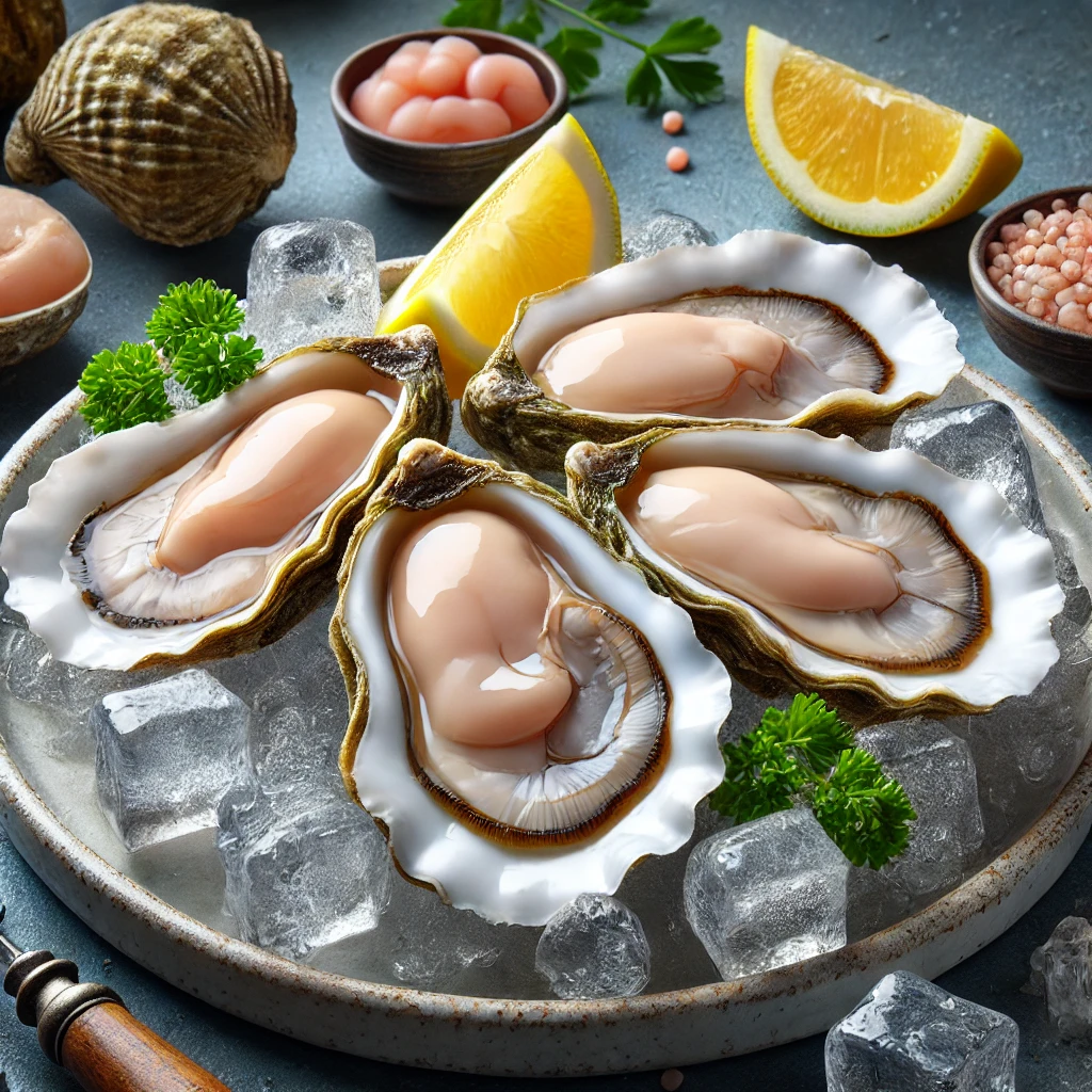 A képen friss nyers osztrigahús látható jégágyon, citromgerezdekkel és petrezselyemmel körítve, kagylóhéj nélkül, gourmet stílusban.