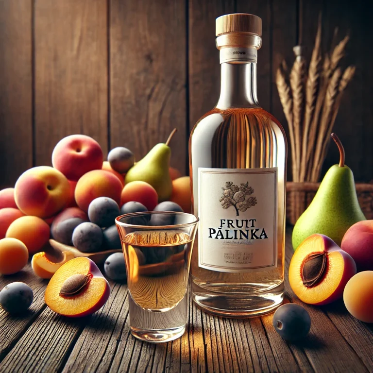 Pálinkás üveg és pohár friss gyümölcsökkel rusztikus felületen