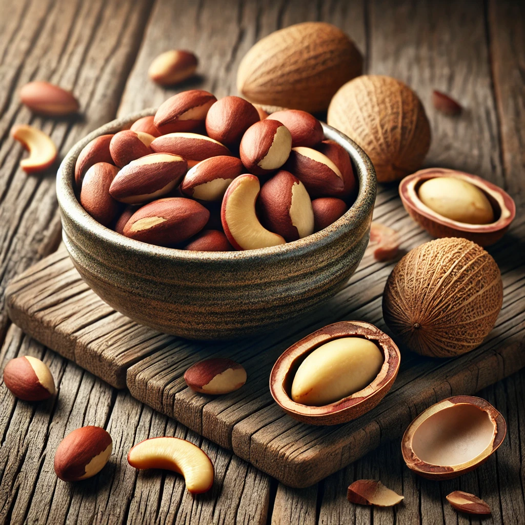 A képen paradiók (Brazil diók) láthatók héjasan és hámozottan, egy kis tálban és fa felületre szórva, természetes fényviszonyok mellett.