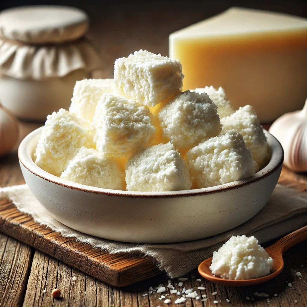 Fehér, kemény textúrájú friss Pecorino sajt juhtejből egy fehér kerámia tálban, rusztikus fa asztalon.