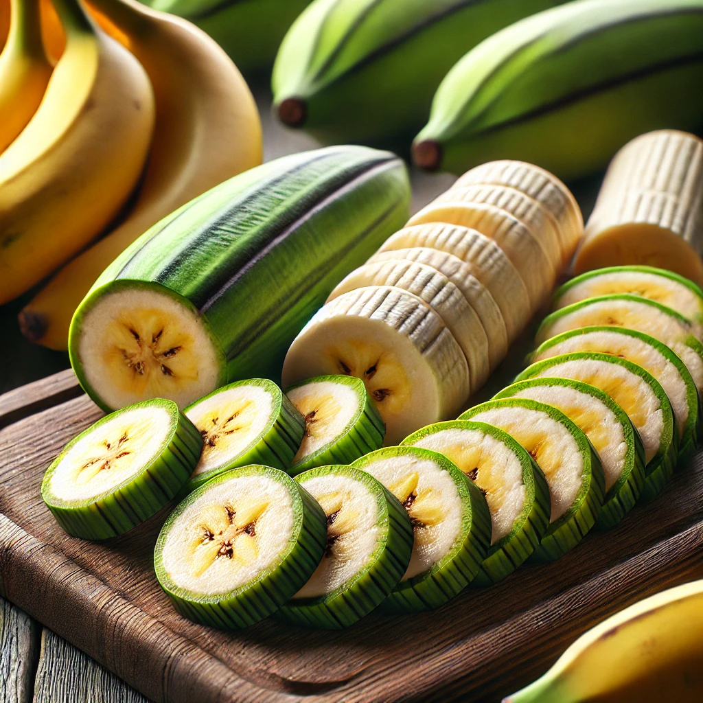 A képen érett sárga és zöld éretlen plantain szeletek láthatók egy fa vágódeszkán, előkészítve főzéshez.