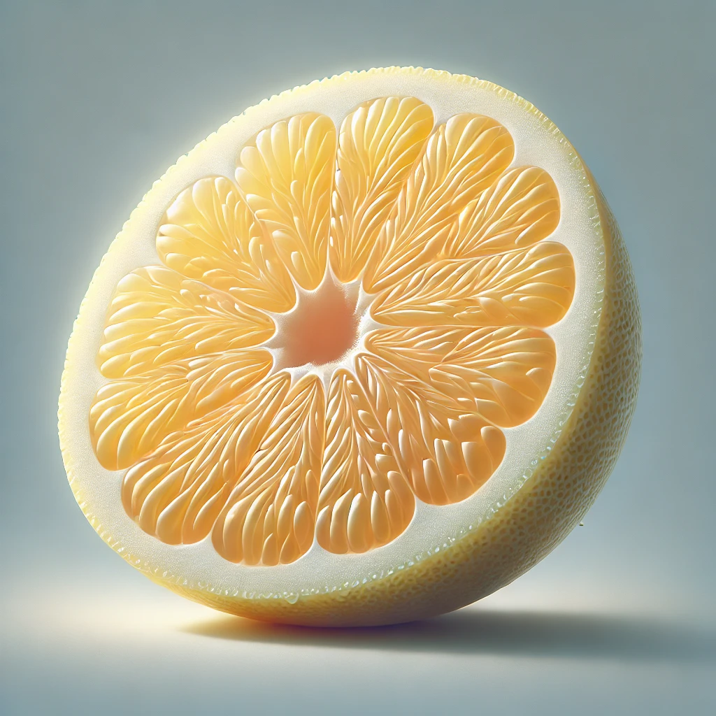 A képen a pomelo szeletelt húsát láthatjuk, amely gazdag sárga és rózsaszín árnyalatokban, frissítő textúrával.