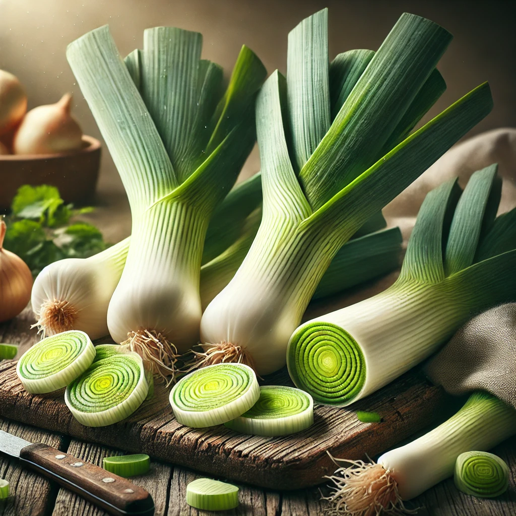 A képen friss, egész és karikára vágott póréhagymák láthatók rusztikus fa felületen, természetes megvilágításban.