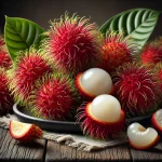 Egész és félbevágott rambutan gyümölcs vörös, szőrös héjjal és fehér belső hússal