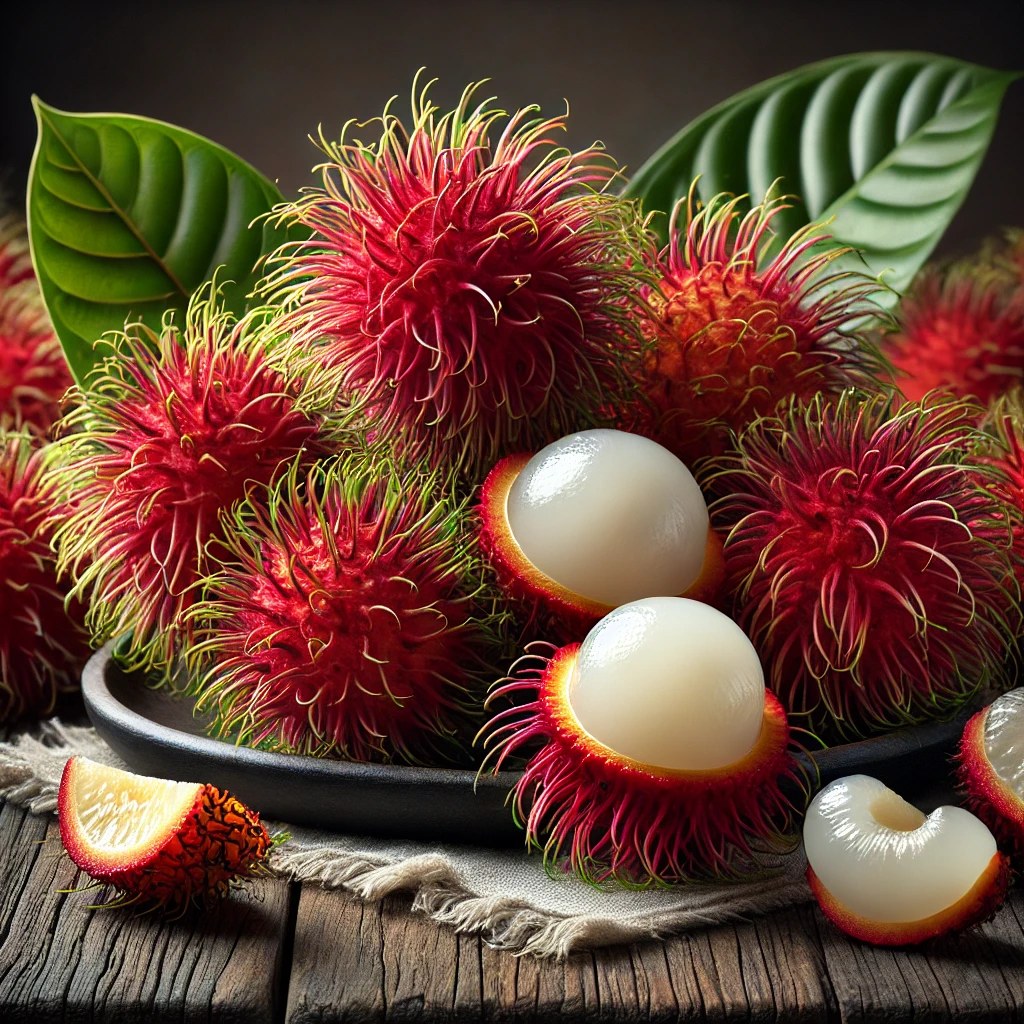 A képen egész és felvágott rambutan gyümölcsök láthatók vörös, szőrös héjjal és áttetsző, fehér belső hússal, tropikus levelekkel és fa felületen.