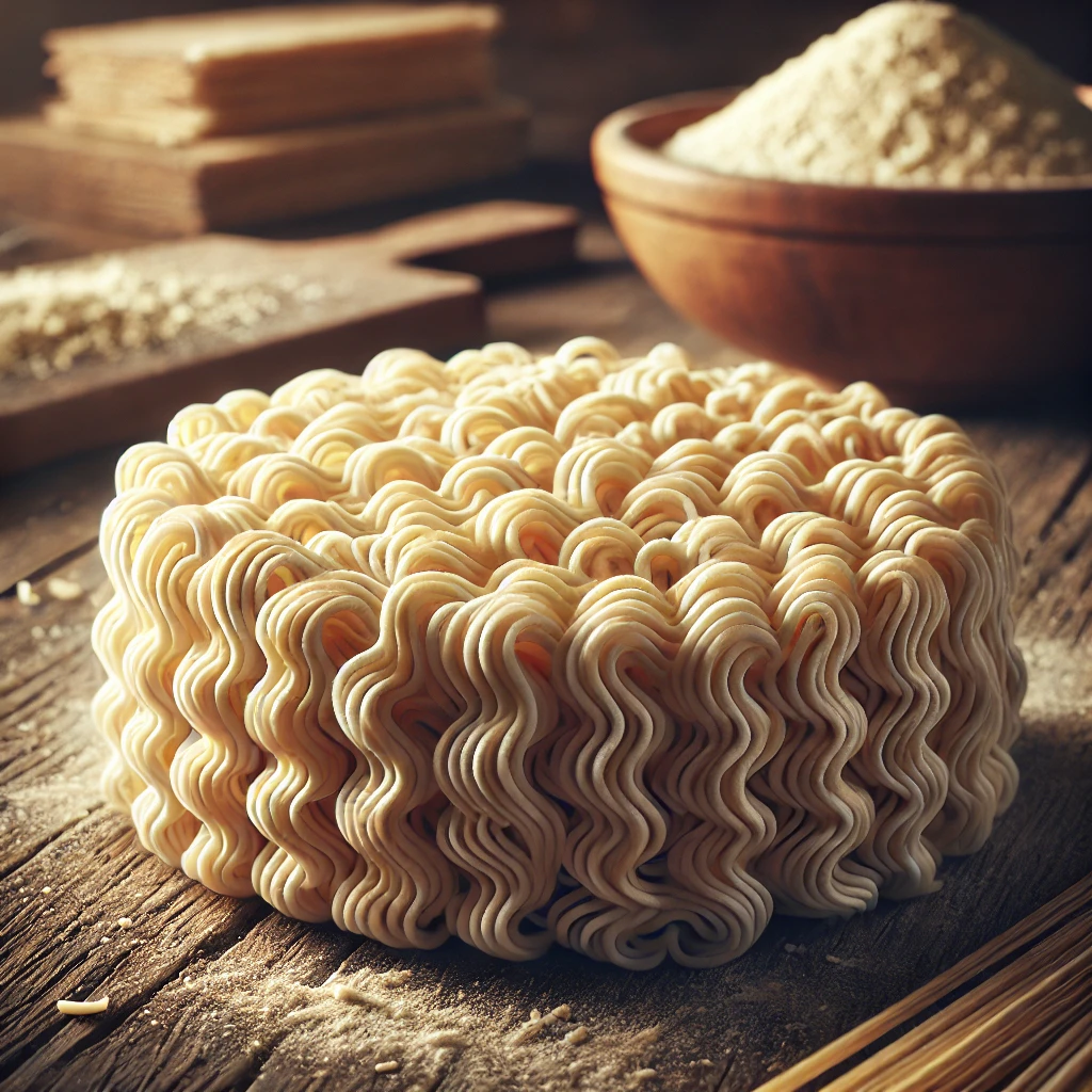 A kép szárított, hullámos ramen tésztát ábrázol rusztikus háttérrel, a tészta jellegzetes sárgás árnyalatával.
