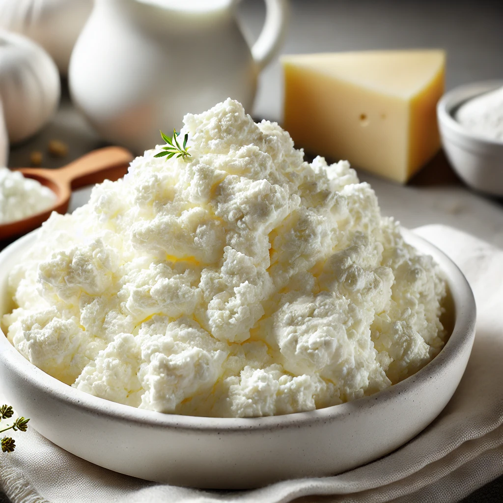 Friss, morzsás állagú ricotta sajt, savóból készült, egy fehér kerámia tálban, rusztikus fa asztalon.