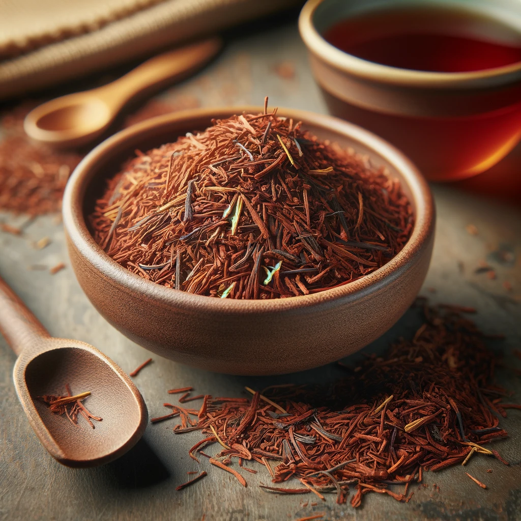 A képen rooibos tea szálas, vöröses színű levelei láthatók tálban, fakanállal és szórtan, rusztikus konyhai háttérben.
