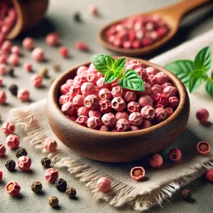 Szárított rózsabors (pink peppercorn) egész szemek fa tálban és egy rusztikus konyhai felületen szétszórva, természetes fényben.
