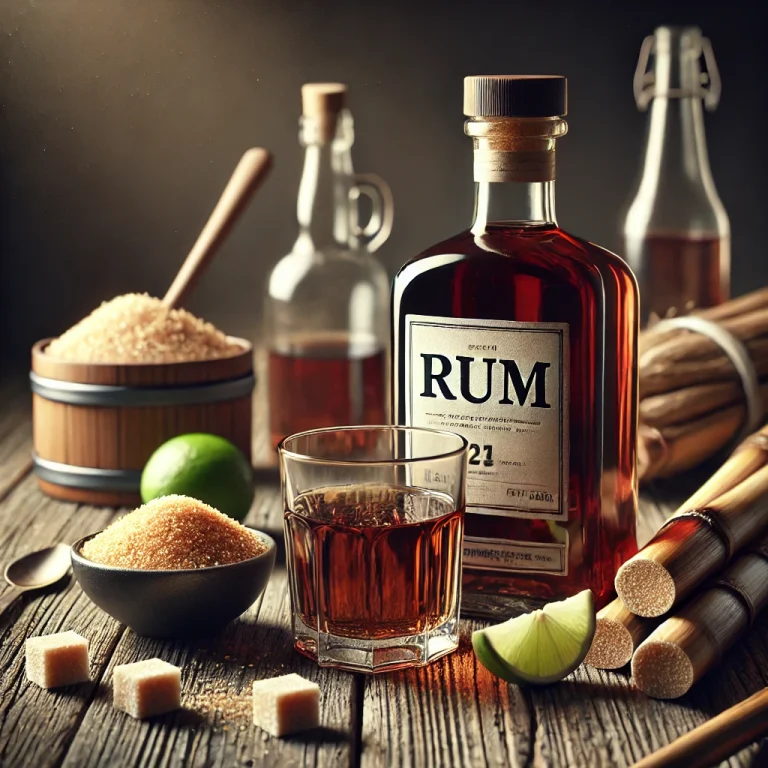 Rum üveg és pohár, barna cukorral, cukornáddal és lime-mal