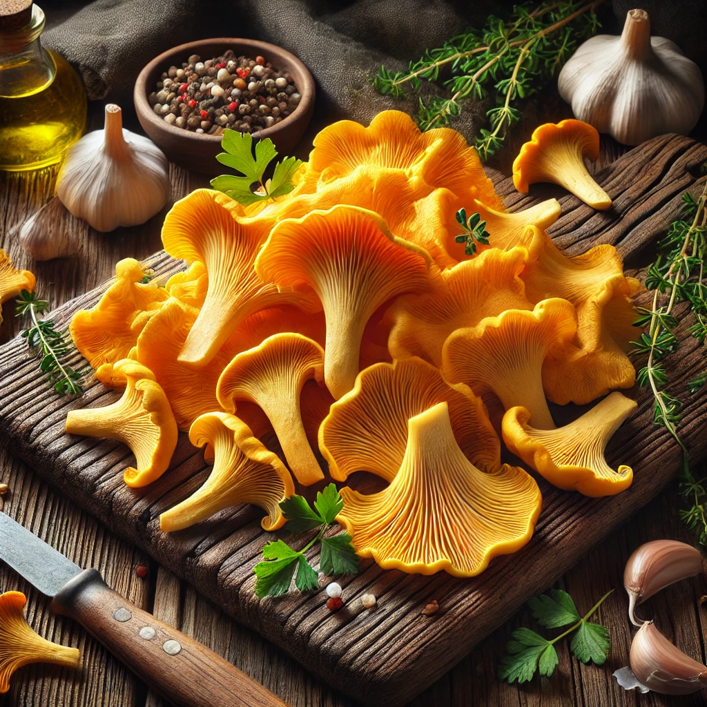 A képen frissen szeletelt sárga rókagomba látható fa vágódeszkán, kakukkfűvel, petrezselyemmel és fokhagymával gourmet stílusban tálalva.