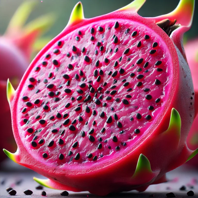 Sárkánygyümölcs (pitahaya) piros húsú bogyók, élénk rózsaszín és fekete magok
