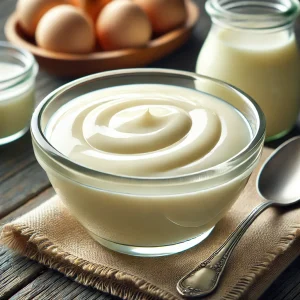 Üvegtálban látható savanyú savó, amely sárgás, zavarosabb folyadék, kissé sűrűbb, mint az édes savó, rusztikus felületen, mellette kanál.
