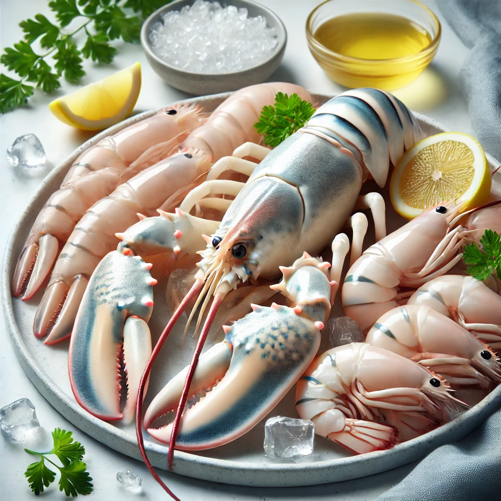 A képen friss, nyers scampi (norvég homár) hús látható jégen, citrommal, petrezselyemmel, páncél és fej nélkül, tisztított formában gourmet stílusban tálalva.