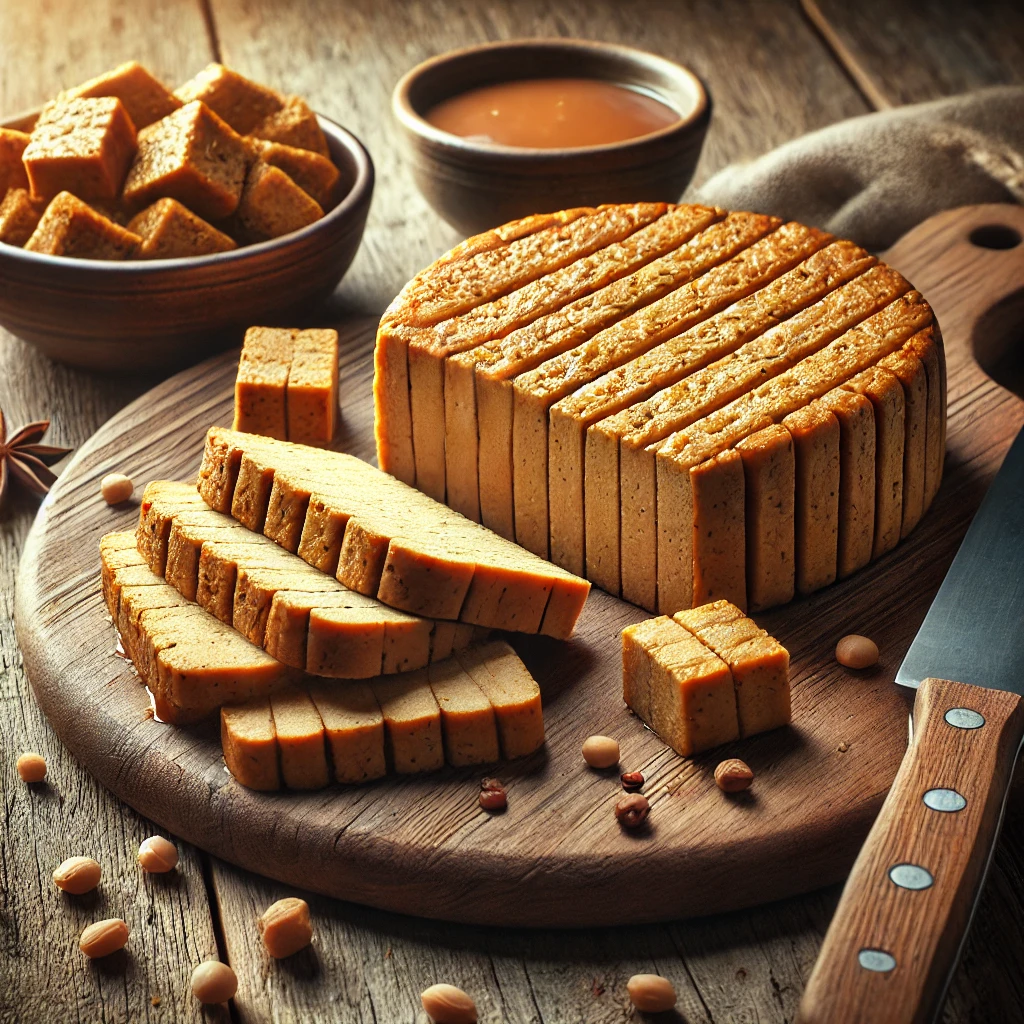 A képen szeletelt seitan és pácolt seitan kockák láthatók fa konyhai felületen, természetes fényben, kizárólag kulináris célra ábrázolva.