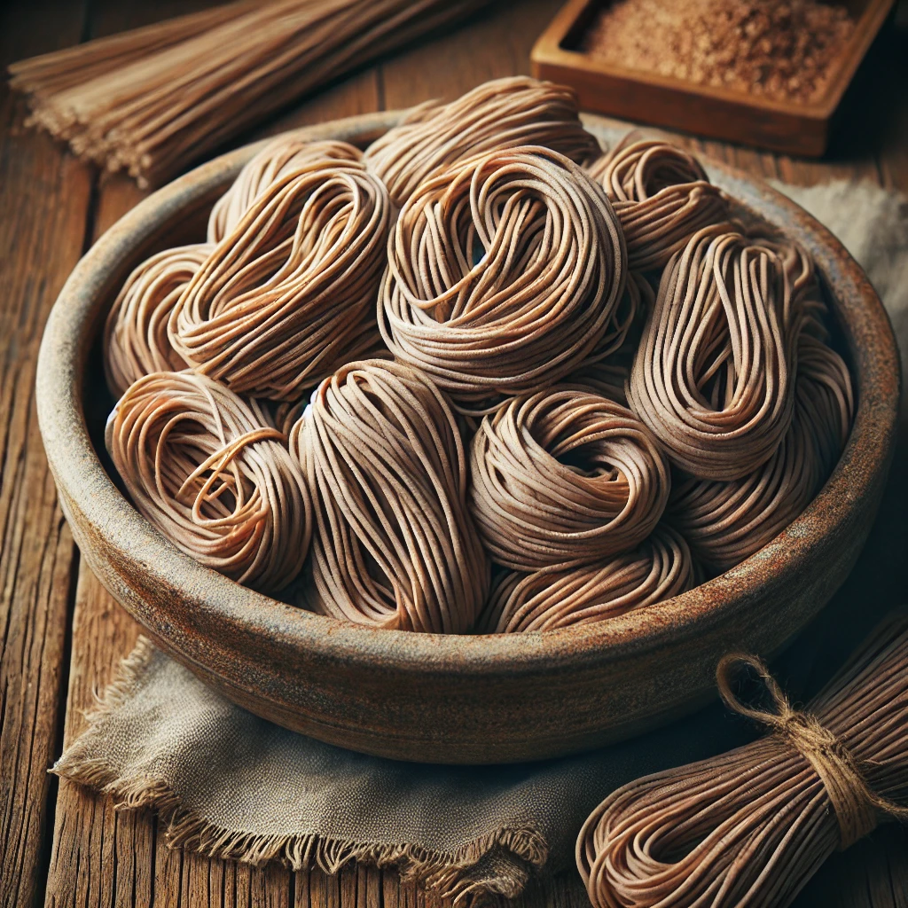 A képen hajdinából készült soba tészta kötegekben látható egy rusztikus kerámia tálban, természetes fényben, fa felületen elrendezve.