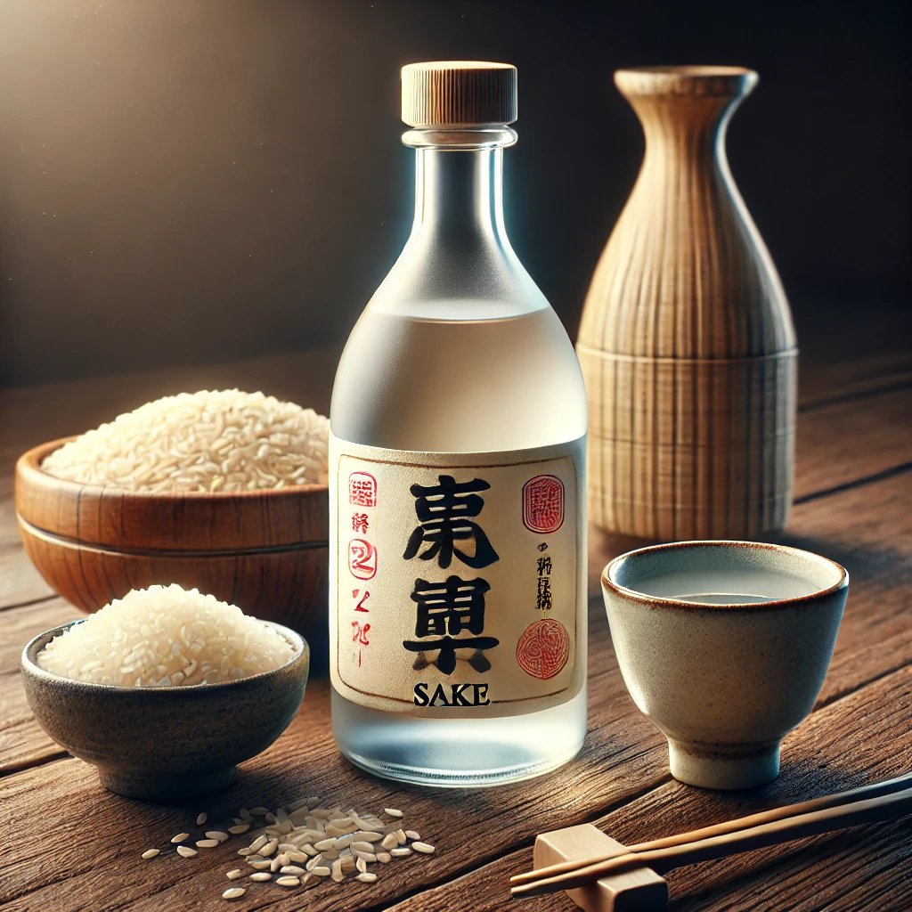 Fotórealisztikus kép egy üveg és pohár szakéról, mellette nyers rizsszemekkel és koji fermentálóval, japán hangulatban.