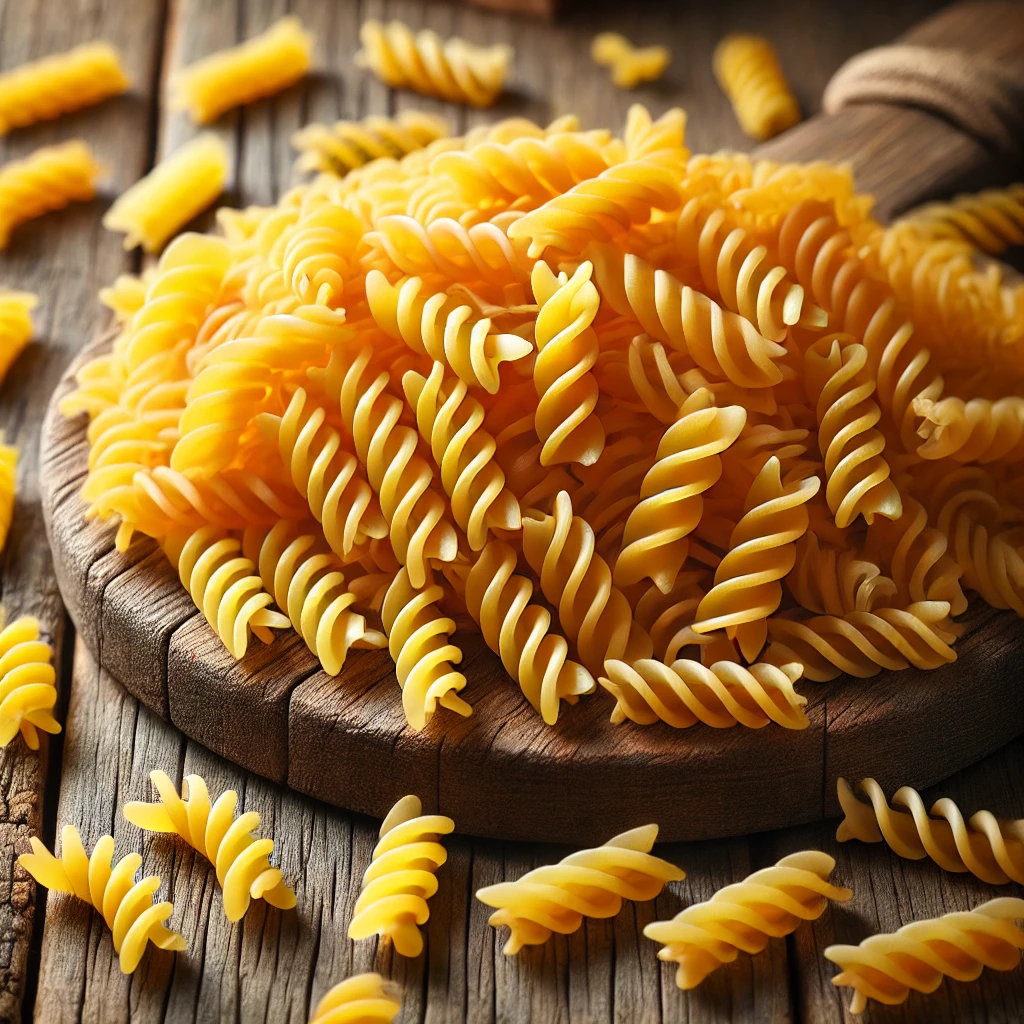 A kép spirál alakú, nyers fusilli tésztát ábrázol rusztikus fa háttéren, aranysárga színnel és enyhe textúrával.