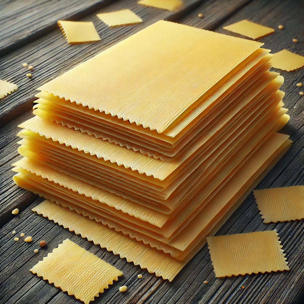 A képen aranysárga, nyers lasagne lapok láthatók rusztikus fa háttéren, enyhén szabálytalan elrendezésben.