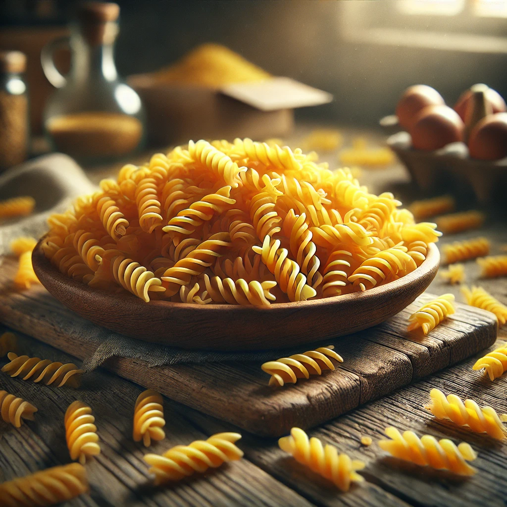 A kép száraz, sárgás színű orsótésztát (fusilli) ábrázol rusztikus fa háttéren, rendezetlen elrendezésben.