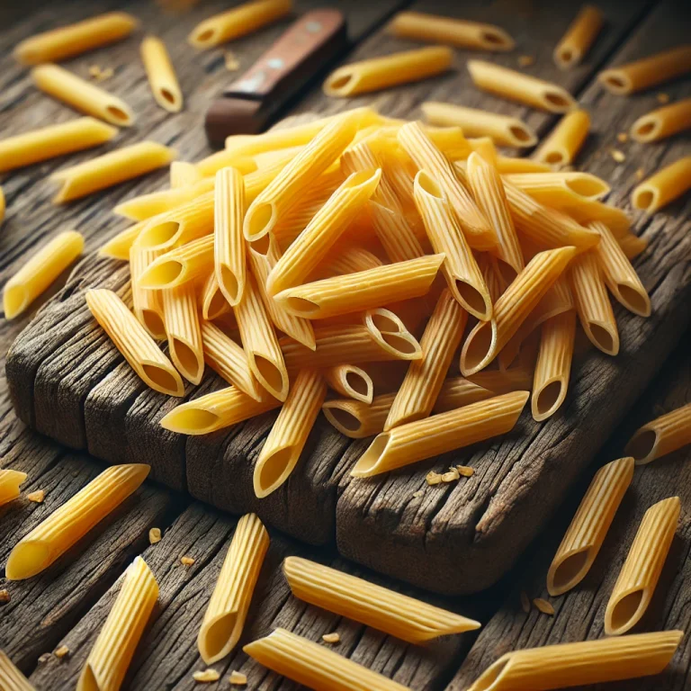 Száraz penne tészta bordázott felülettel, fából készült háttéren