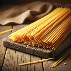 A kép száraz, aranysárga színű spagetti szálakat ábrázol, rusztikus fafelületen, kötegbe rendezve.