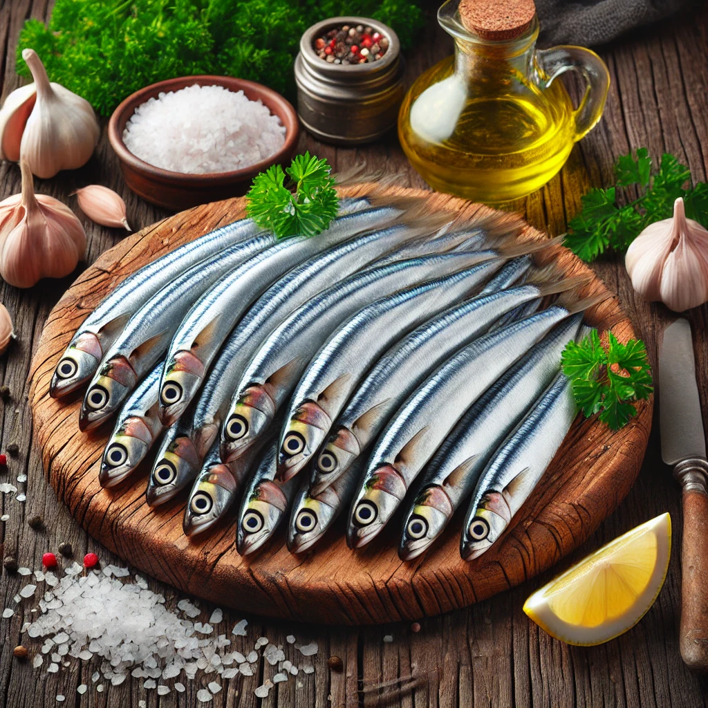 A képen kis méretű, friss szardella filék láthatók fa vágódeszkán, körülöttük tengeri só, olívaolaj, petrezselyem és citromgerezdek.