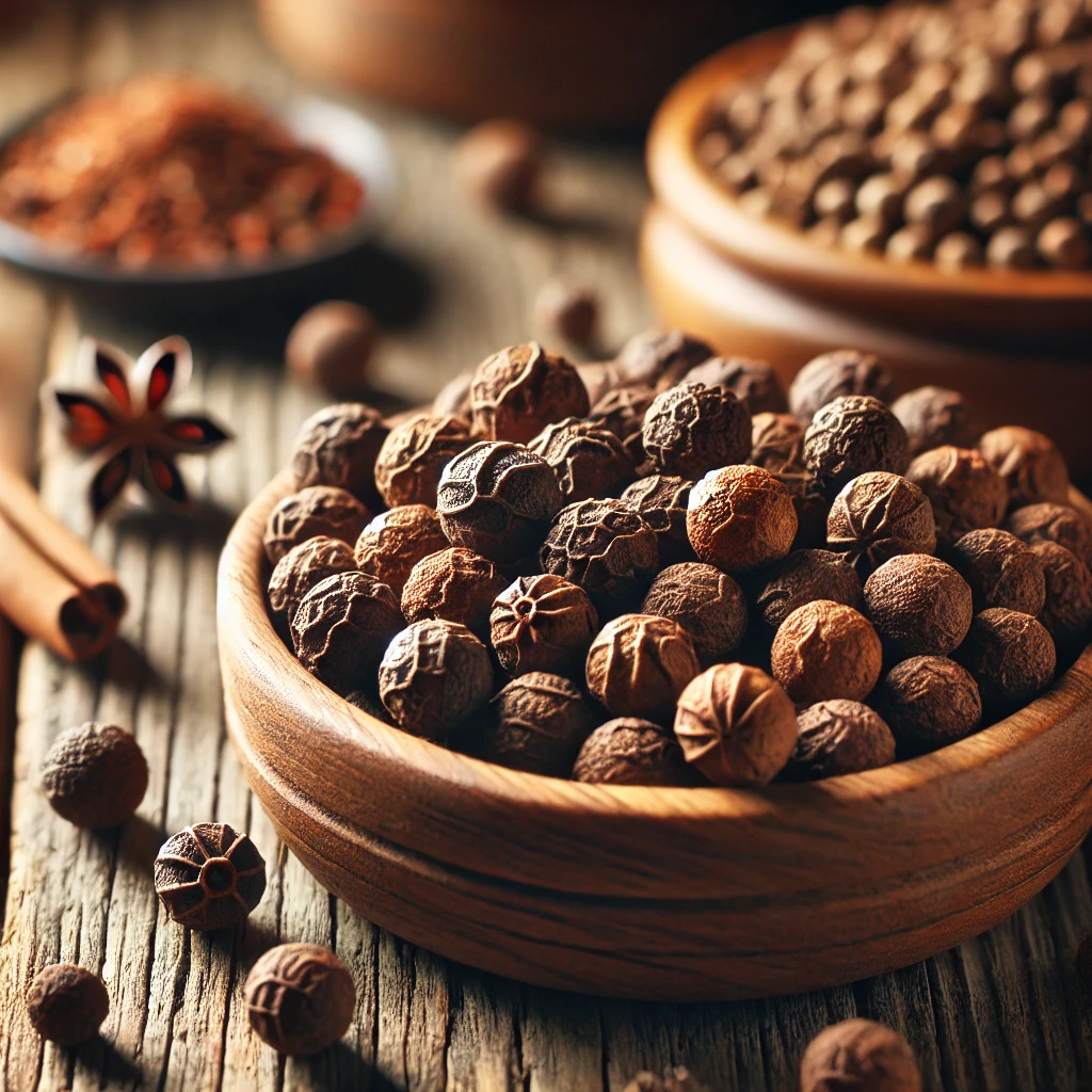 A képen szárított szegfűbors (allspice) egész szemek láthatók egy kis fa tálban és rusztikus konyhai felületen, természetes fényben.