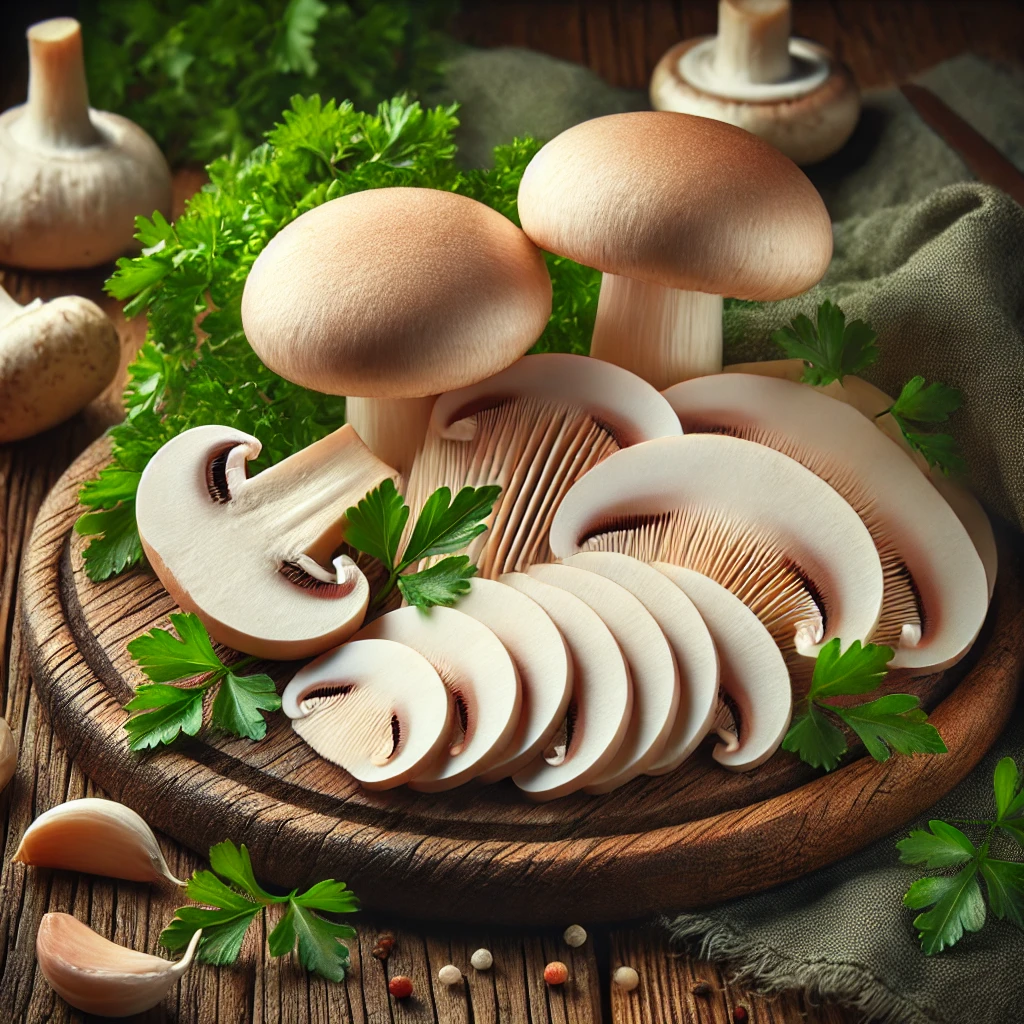 A képen frissen szeletelt szegfűgomba (Marasmius oreades) látható rusztikus fa vágódeszkán, fokhagymával, petrezselyemmel, konyhakészen tálalva.