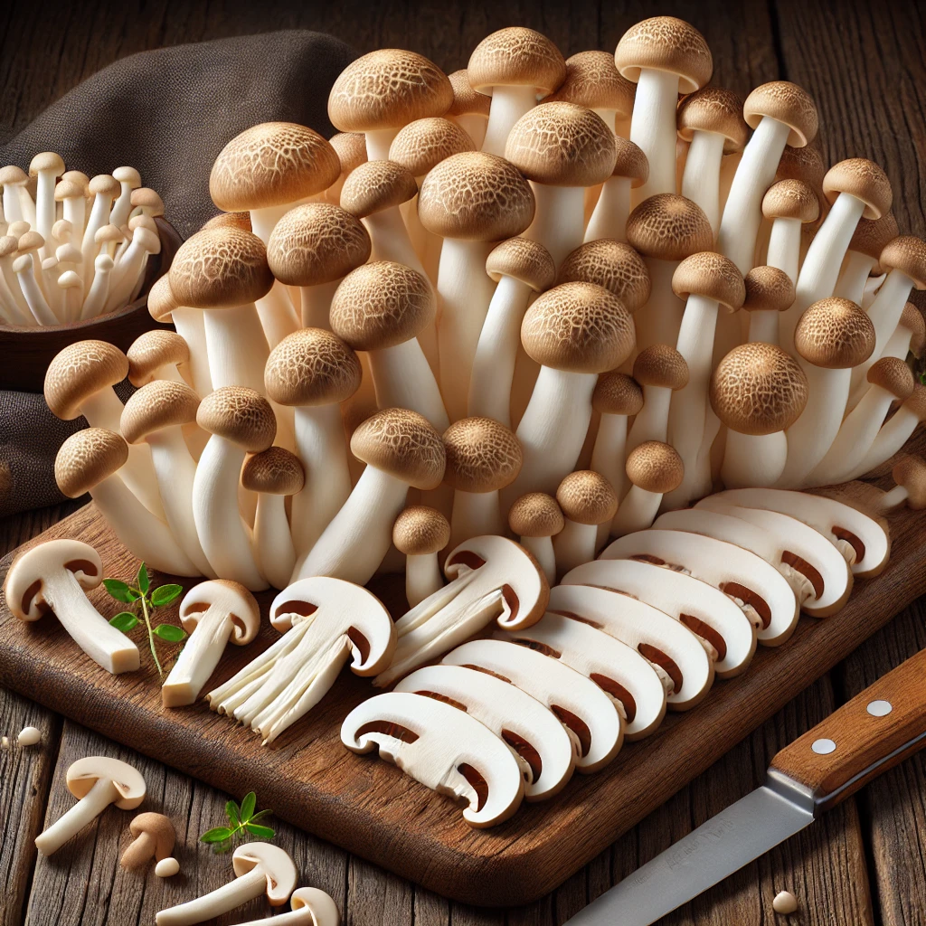 A képen megtisztított és hosszában szeletelt barna shimeji gombák (Hypsizygus tessellatus) láthatók egy fa vágódeszkán, konyhai környezetben.