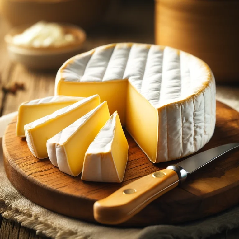 Szeletelt brie sajt fa vágódeszkán, krémes belsővel