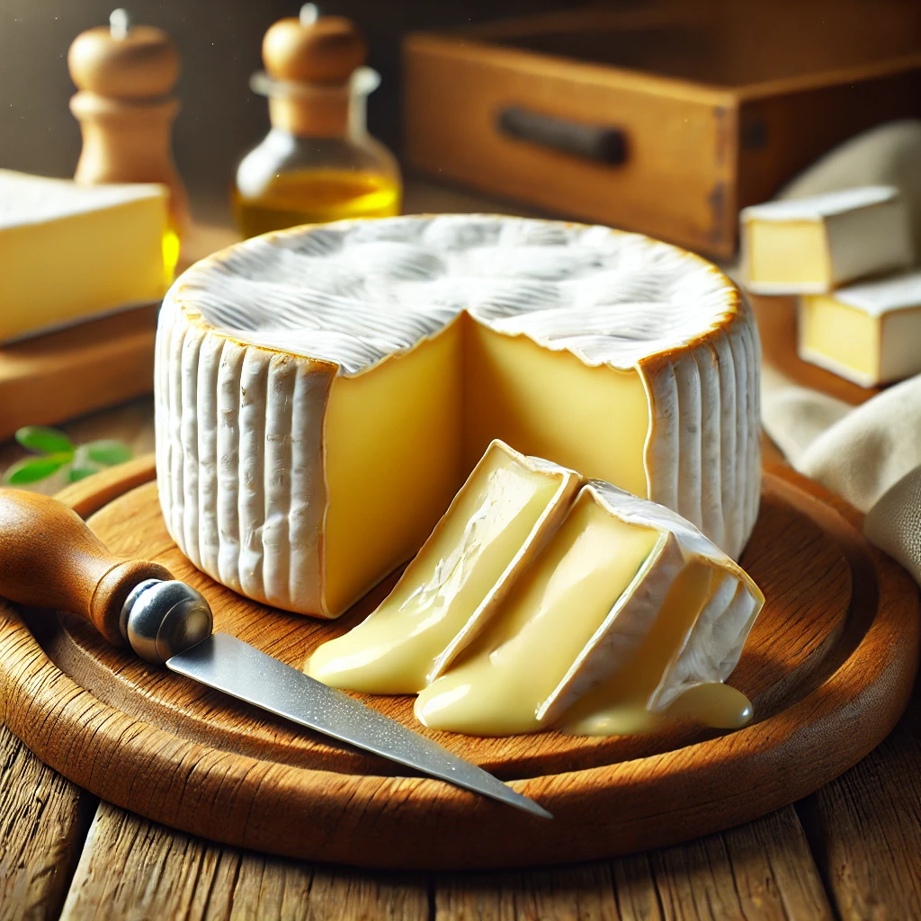 Fotórealisztikus szeletelt camembert sajt látható, fehér penészes héjjal és olvadó belső résszel, fa vágódeszkán tálalva.