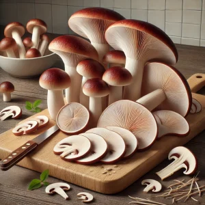 A képen szeletelt, tisztított dióízű galambgomba (Russula vesca) látható fa vágódeszkán, világos, higiénikus konyhai környezetben.